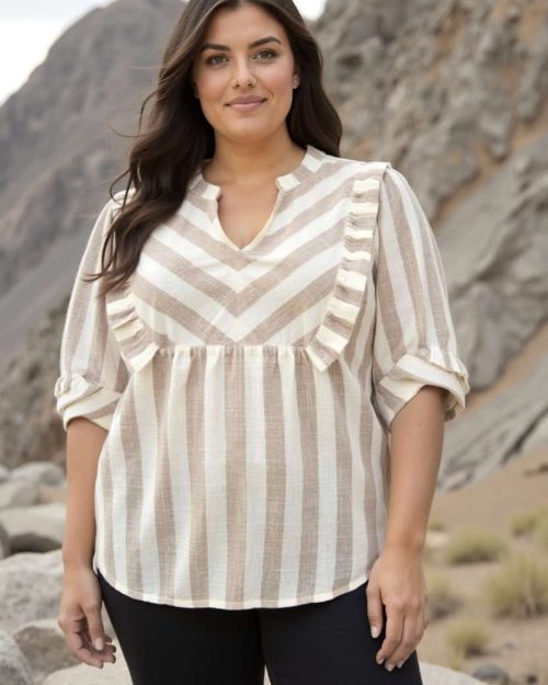 Cassiopeia Baritta Stribet Bluse Sand Combi BM: S:120 M:130 L:140 XL:150 Lg:80 Vejl. 399,-