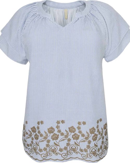 Cassiopeia Junanna Kortærmet Bluse Stribet M/Blomster Blue Combi BM: S:130 M:140 L:150 XL:160 Lg:75 Vejl. 300,-