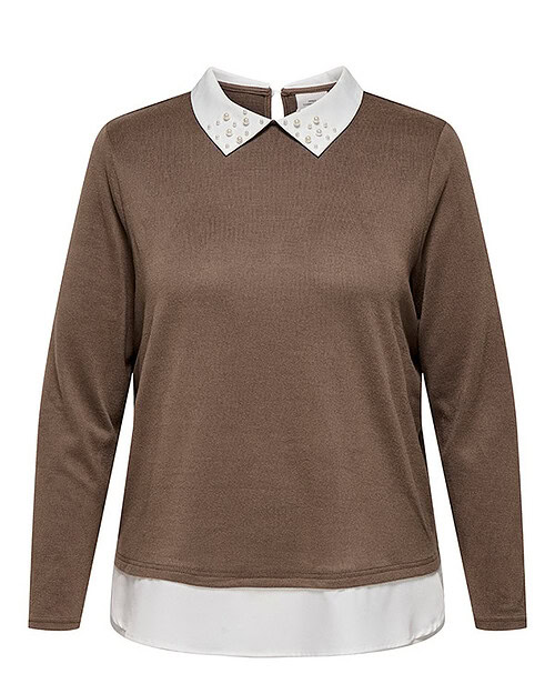 Only Alba Let Strik Bluse M/Skjortedetaljer & Perler Lys Brun/Hvid BM: S:120 M:130 L:140 XL:150 Lg:78 Vejl.259,95