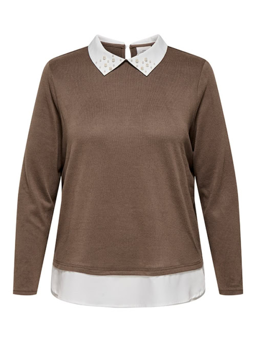 Only Alba Let Strik Bluse M/Skjortedetaljer & Perler Lys Brun/Hvid BM: S:120 M:130 L:140 XL:150 Lg:78 Vejl.259,95