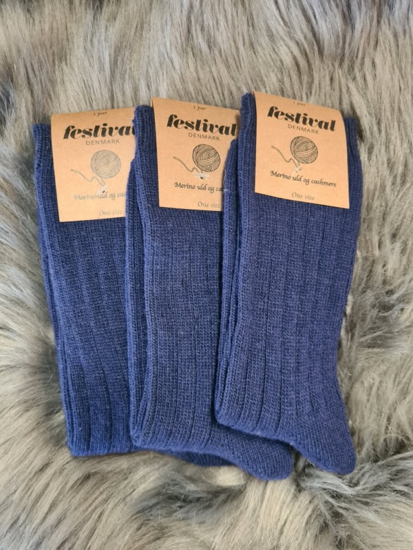 Festival Ribstrikket Merino Uld og Cashmere Sokke Navy ONE SIZE