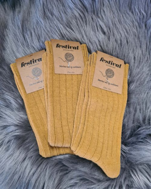 Festival Ribstrikket Merino Uld og Cashmere Sokke Gul ONE SIZE
