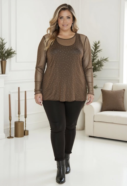 Cassiopeia Mesh bluse m/sten Brun Vejl.300,-