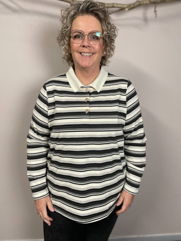Only Globe Langærmet Polo Bluse Stribet Grå/Off-White/Sort BM: M:125 L:135 XL:145 Lg:75 Vejl.299,95
