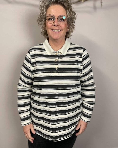 Only Globe Langærmet Polo Bluse Stribet Grå/Off-White/Sort BM: M:125 L:135 XL:145 Lg:75 Vejl.299,95