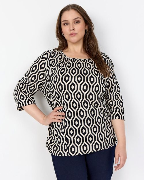 Wasabi Cenette 1 Kortærmet Bluse M/Geometrisk Print Sort/Creme BM: 38:95 40:105 42:115 44:125 46/48:135 50/52:145 54/56:155 58:165 Lg:77 Vejl. 299,95