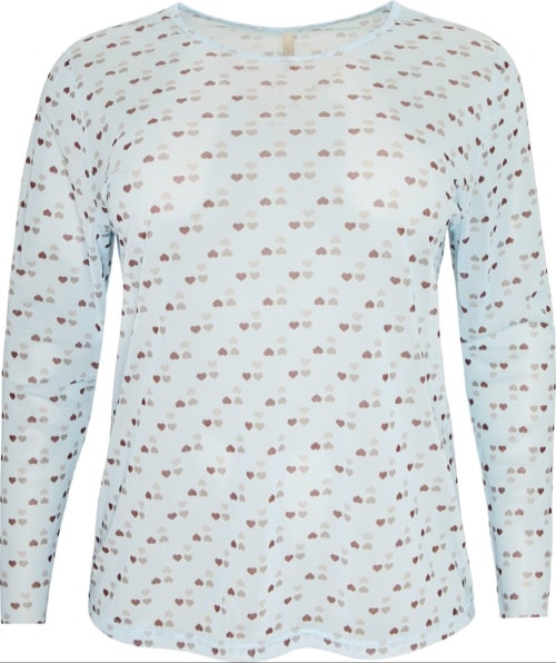 Cassiopeia Gwenna Mesh Bluse Lyseblå M/Brun Hjerter Lg:75 Vejl. 300,-