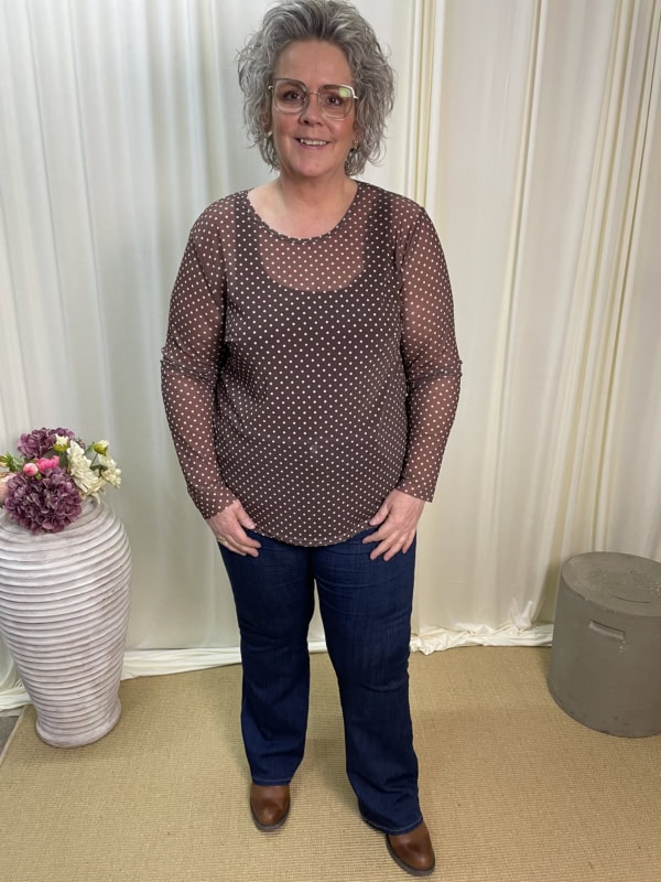 Cassiopeia Gwenna Mesh Bluse brun m/hvide prikker Lg:75 Vejl. 300,- - Billede 3
