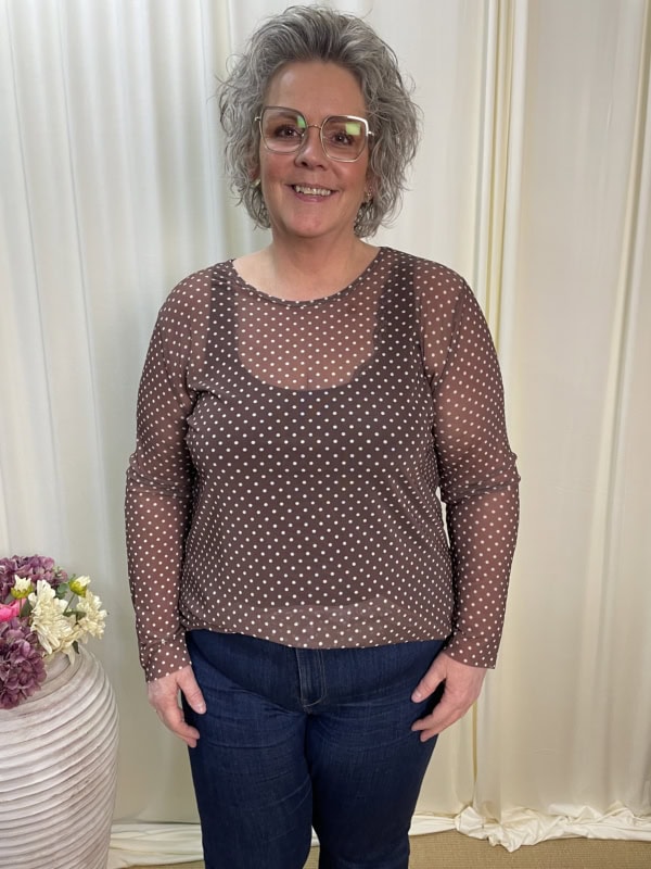Cassiopeia Gwenna Mesh Bluse brun m/hvide prikker Lg:75 Vejl. 300,- - Billede 2