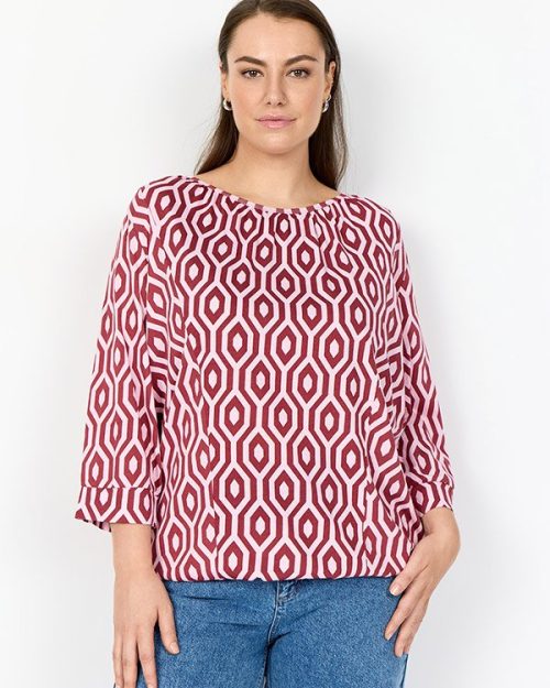 Wasabi Cenette 1 Kortærmet Bluse M/Geometrisk Print Bordeaux/Rosa BM: 38:95 40:105 42:115 44:125 46/48:135 50/52:145 54/56:155 58:165 Lg:77 Vejl. 299,95