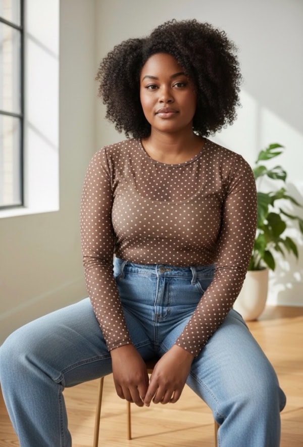Cassiopeia Gwenna Mesh Bluse brun m/hvide prikker Lg:75 Vejl. 300,-