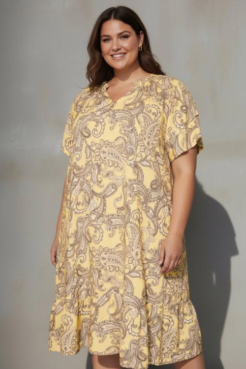 Cassiopeia Majette Kortærmet Kjole Paisley Print Gul Combi BM: S:125 M:135 L:145 XL:155 LG:75 Vejl. 350,-