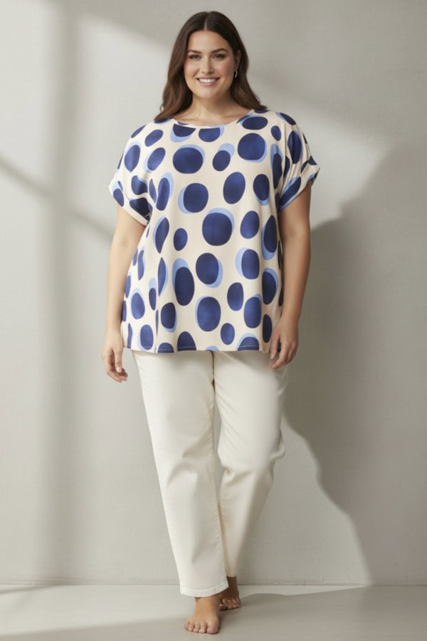 Cassiopeia Odettesse Kortærmet Bluse M/Cirkler Blue Combi BM: S:125 M:135 L:145 XL:155 LG:75 Vejl. 300,- - Billede 2