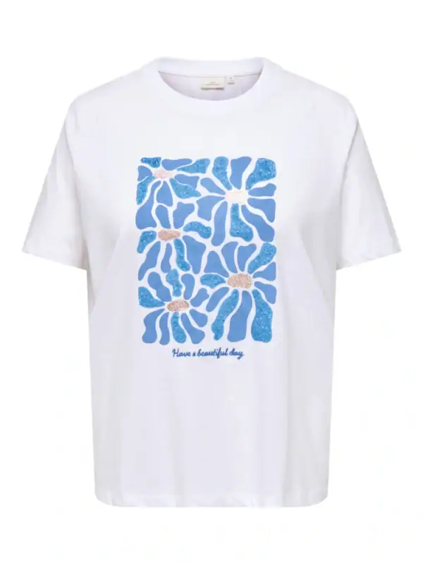 Only Alberte T-Shirt Hvid M/Blå Print BM: S:125 M:135 L:145 XL:155 Lg:70 Vejl. 159,95