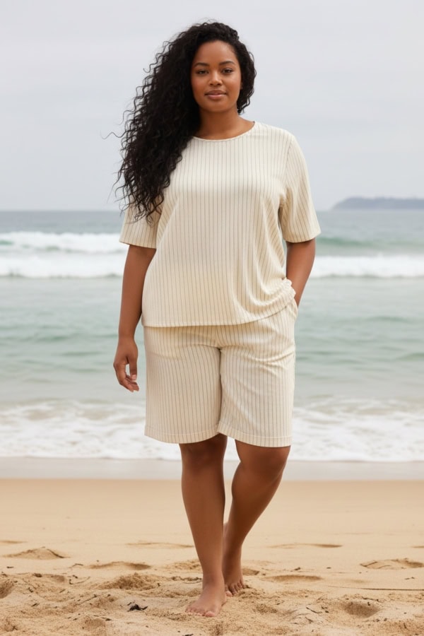Cassiopeia Frejanna Kortærmet Bluse Stribet Sand Combi BM: S:120 M:130 L:140 XL:150 LG:75 Vejl. 300,-