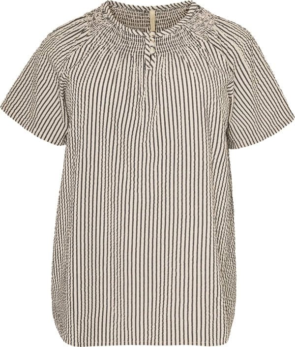 Cassiopeia Anjanna Stribet Bluse Kortærmet Sand Combi BM: S:120 M:130 L:140 XL:150 LG:77 Vejl. 349,- - Billede 2