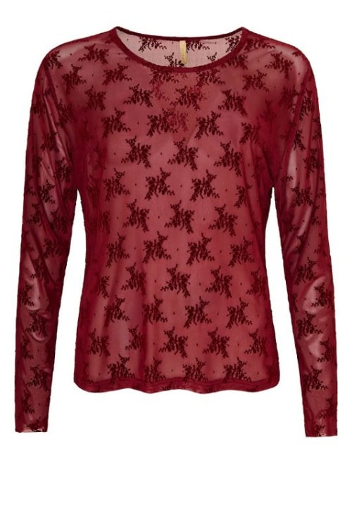 Cassiopeia Gitesse Mesh Bluse M/Velour Blomster Print Bordeaux Vejl. 300,-