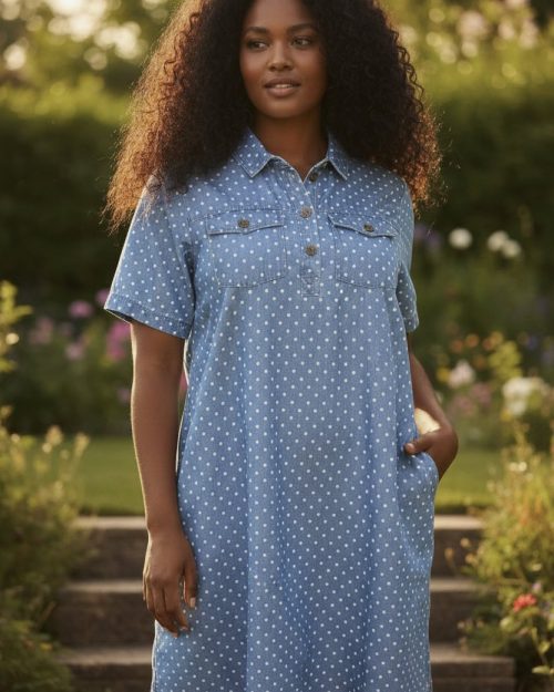 Cassiopeia Gaianna Denim Kjole A-form M/Prikker Lyse Blå BM: S:125 M:135 L:145 XL:155 Lg:100 Vejl. 450,-