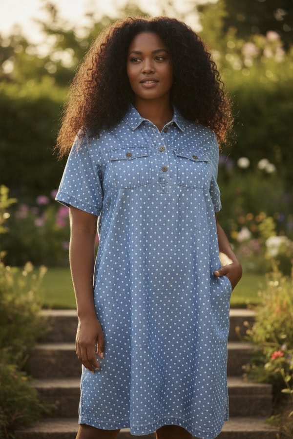 Cassiopeia Gaianna Denim Kjole A-form M/Prikker Lyse Blå BM: S:125 M:135 L:145 XL:155 Lg:100 Vejl. 450,-