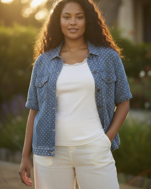 Cassiopeia Gaianna Denim Jakke Kortærmet M/Prikker Lyse Blå BM: S:125 M:135 L:145 XL:155 Lg:65 Vejl. 400,-