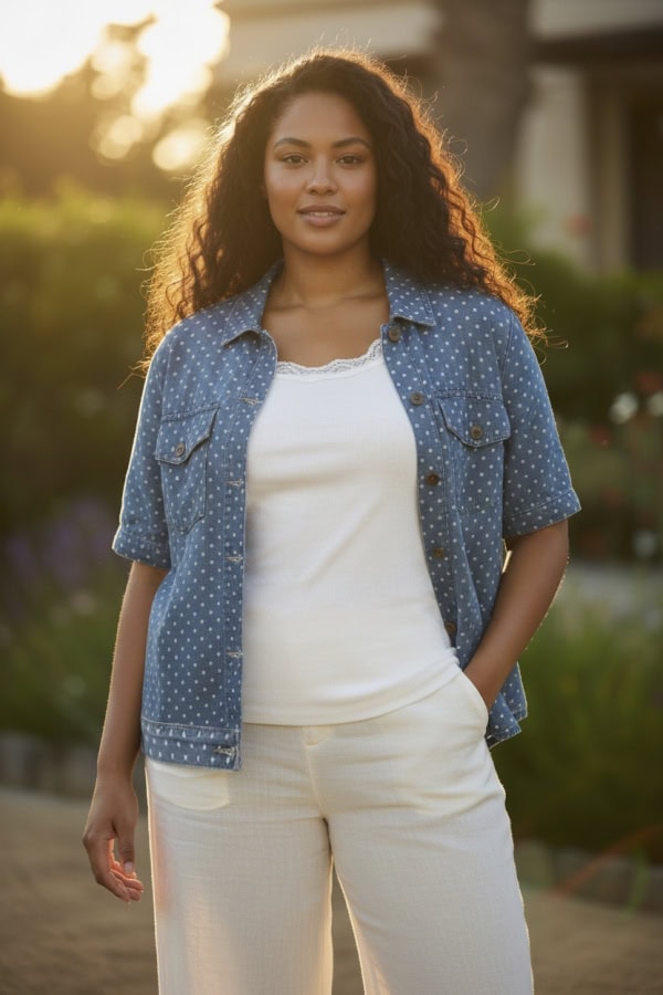 Cassiopeia Gaianna Denim Jakke Kortærmet M/Prikker Lyse Blå BM: S:125 M:135 L:145 XL:155 Lg:65 Vejl. 400,-