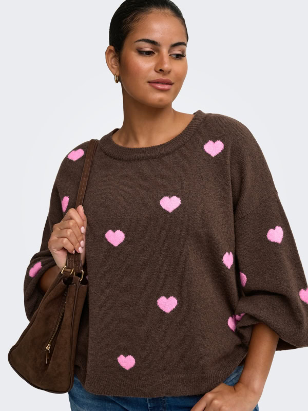 Only Rica Strik Pullover M/Hjerter Brun/Rosa BM: M:130 L:140 XL:150 LG:70 Vejl. 299,95