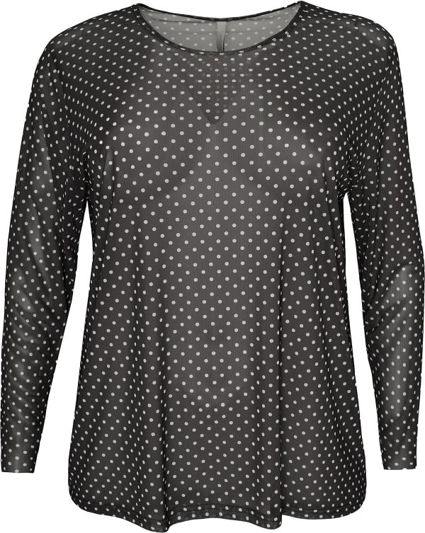 Cassiopeia Gwenna Mesh Bluse sort m/hvide prikker Lg:75 Vejl. 300,-