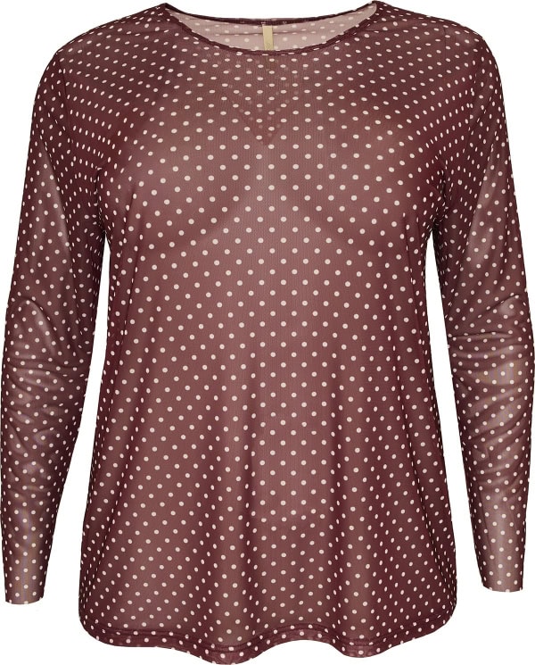 Cassiopeia Gwenna Mesh Bluse bordeaux m/hvide prikker Lg:75 Vejl. 300,-