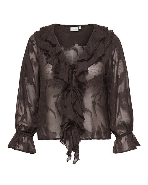 Only Eleni Bluse M/Snørlukning Flæser Brun BM: 42:120 44:125 46:130 48:135 50:140 52:145 54:150 LG:65 Vejl. 379,95