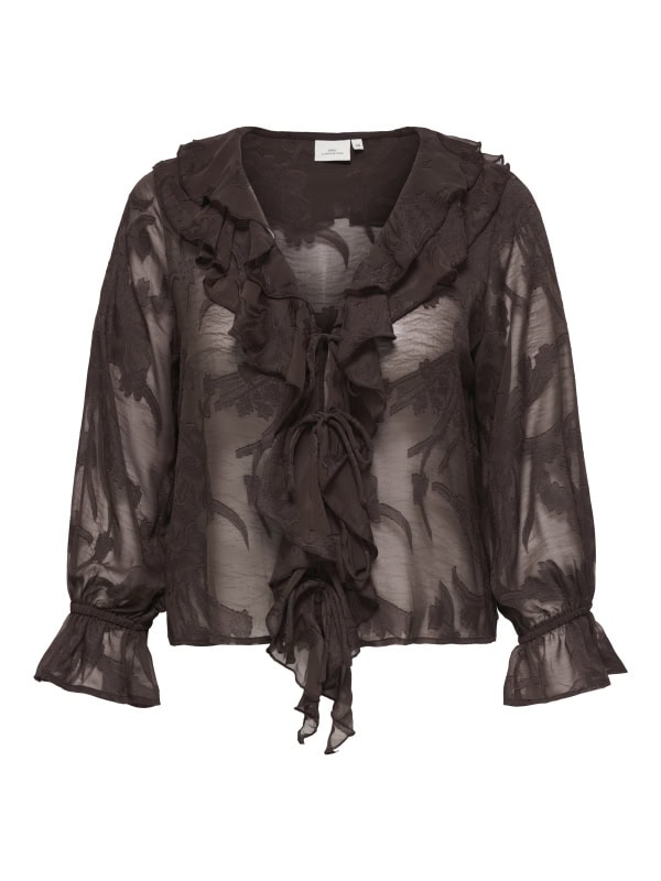 Only Eleni Bluse M/Snørlukning Flæser Brun BM: 42:120 44:125 46:130 48:135 50:140 52:145 54:150 LG:65 Vejl. 379,95