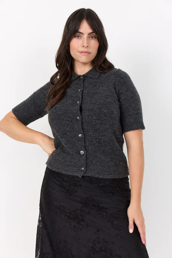 Wasabi Tonja 24 Kortærmet Strik Cardigan M/Uld Grå Melange BM: 42:110 44:115 46/48:120 50/52:130 54/56:140 LG:70 Vejl. 399,95